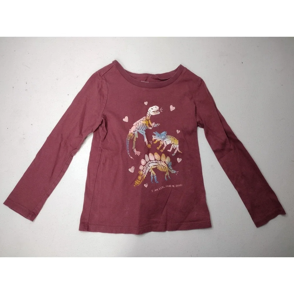 OshKosh B'gosh Girls Burgundy Dinosaur Skeleton Long Sleeve Graphic Tee 6/6X